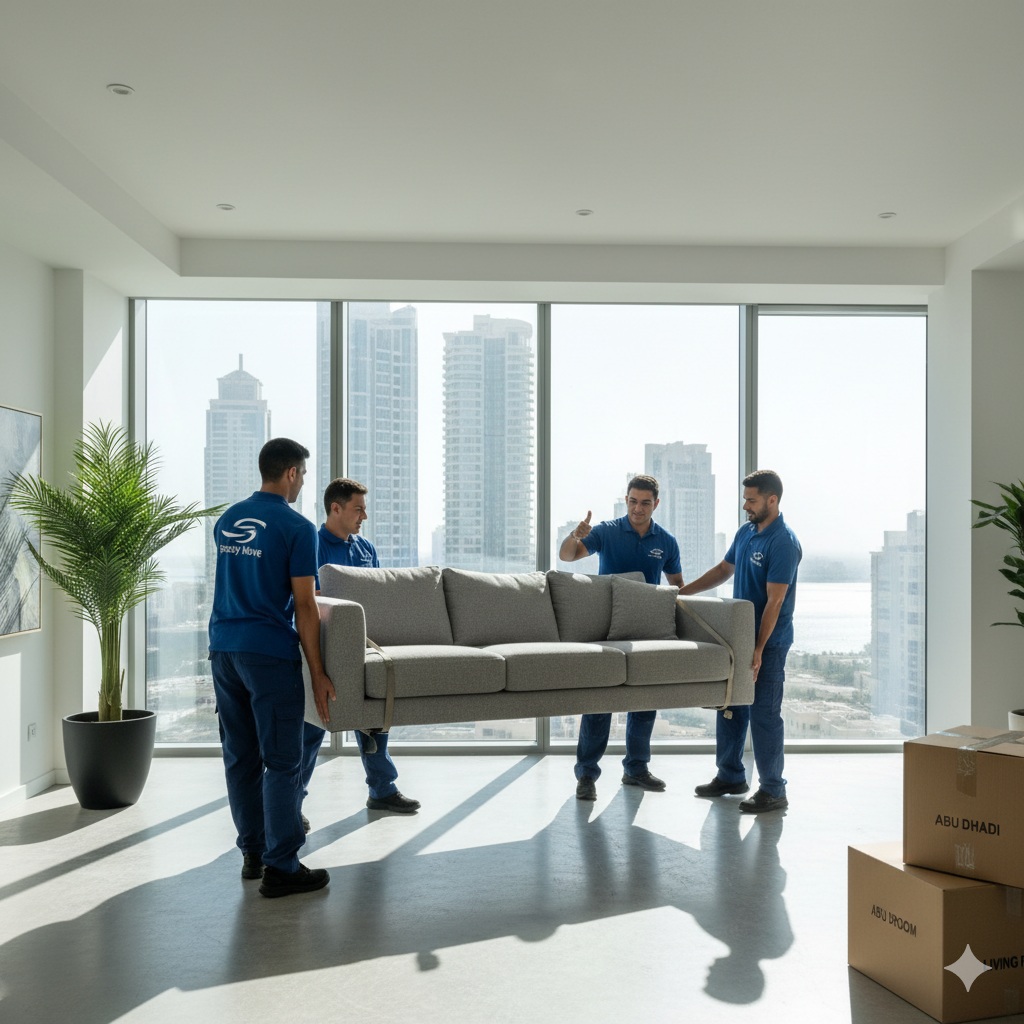 Professional movers maneuvering a sofa out of a modern apartment in Abu Dhabi.