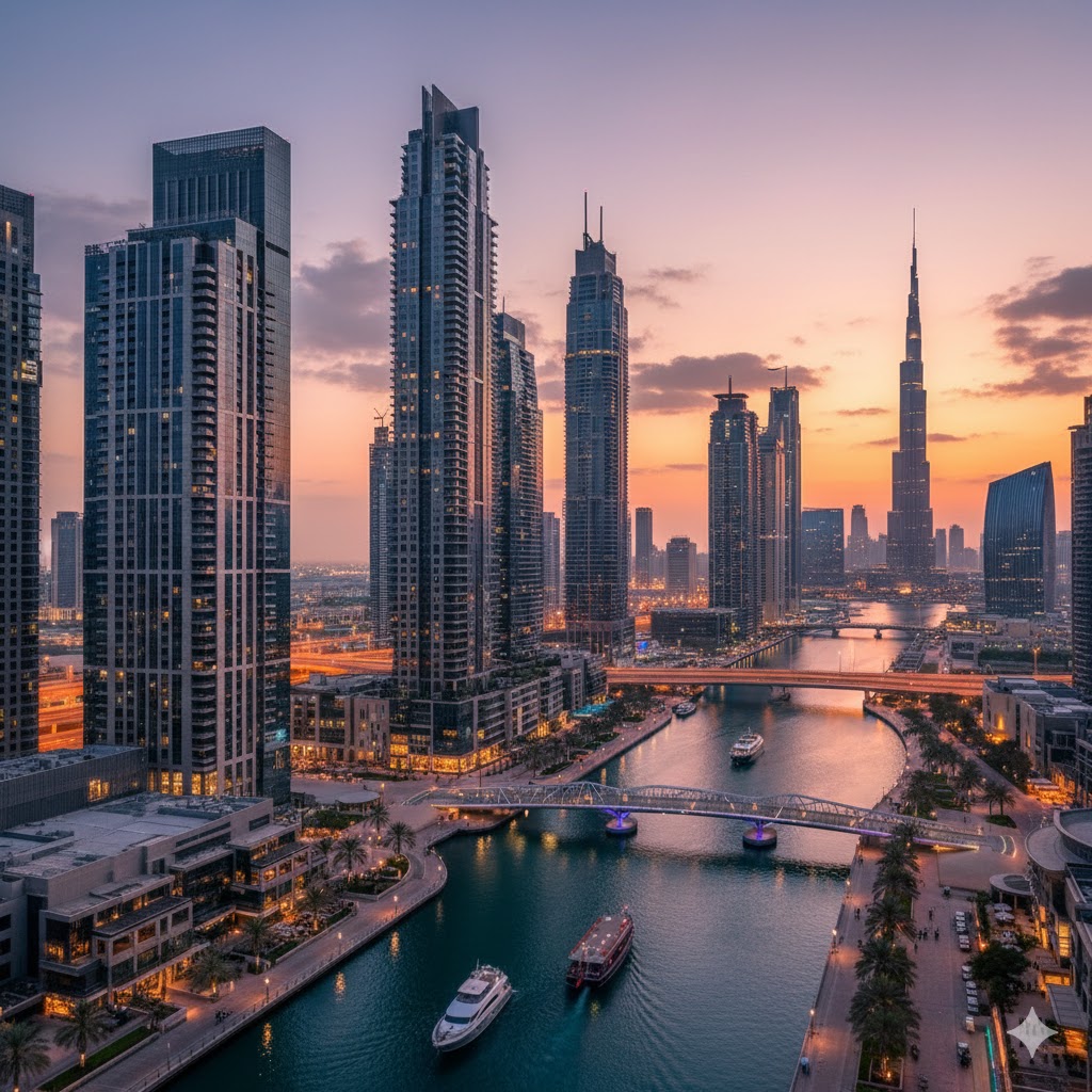 The skyline of Business Bay in Dubai, with its modern skyscrapers and canal.