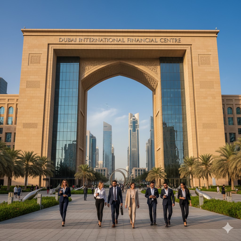 The iconic Gate Building of the Dubai International Financial Centre (DIFC).