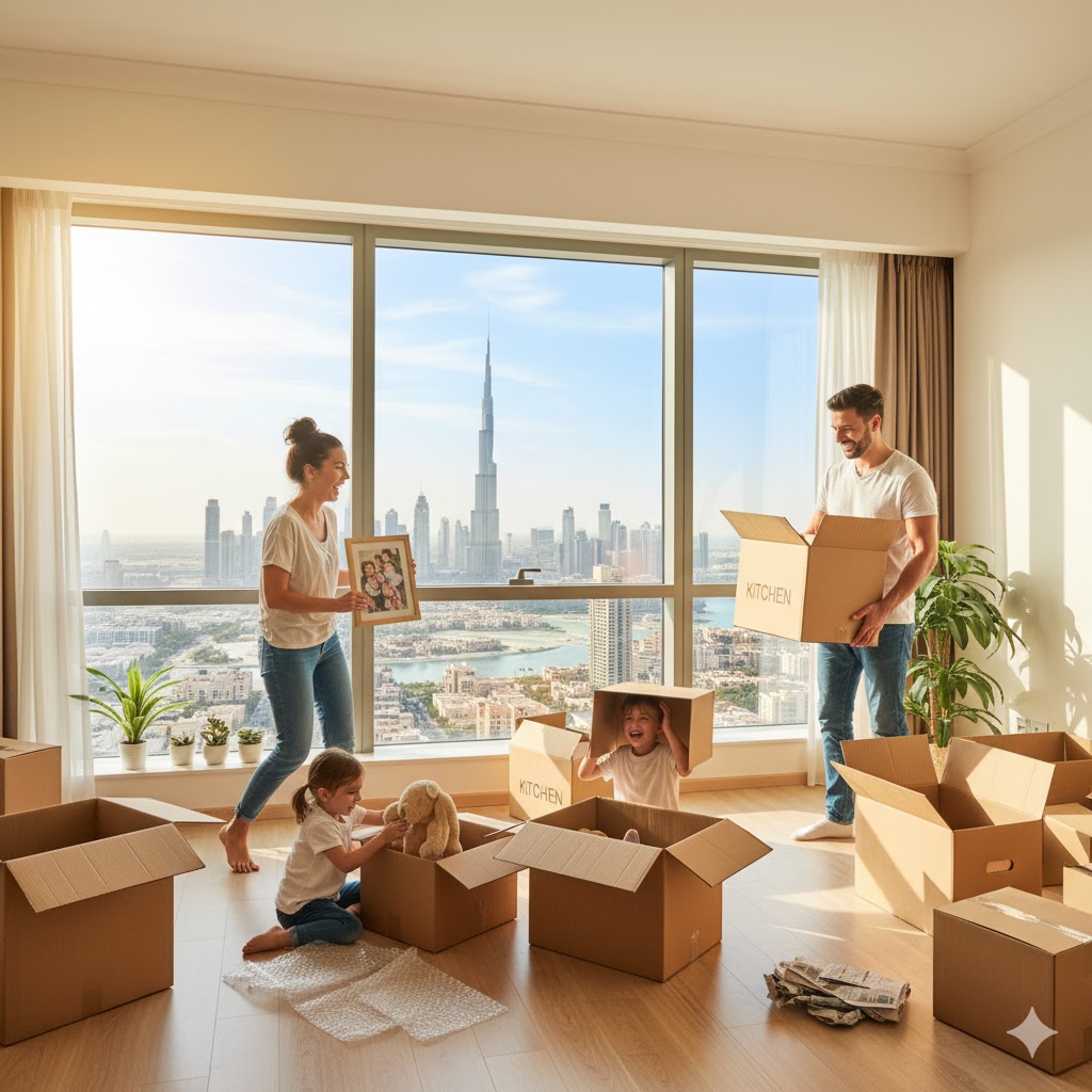 A happy family unpacking boxes in a new apartment with the Dubai skyline in the background.