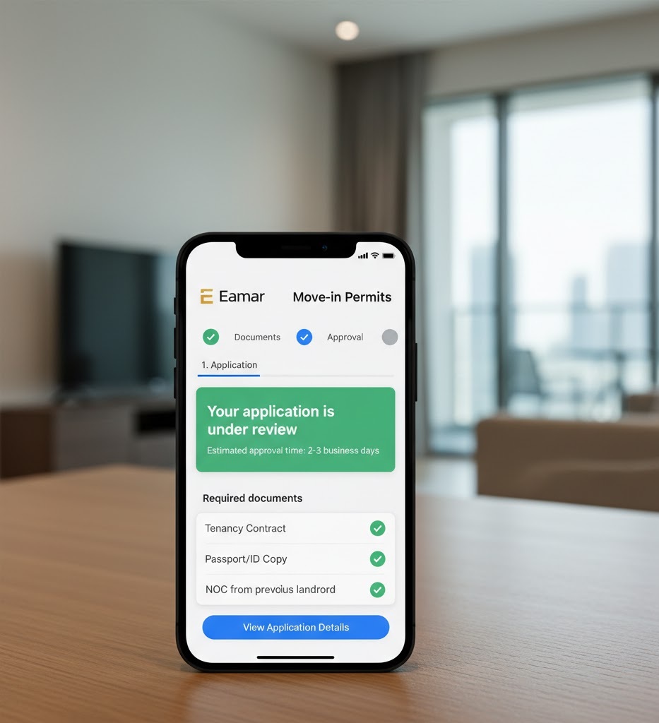 A smartphone screen showing the Emaar One app interface for move-in permits.
