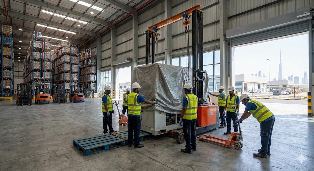 A team of industrial movers using heavy rigging equipment to move machinery in a large Dubai warehouse.