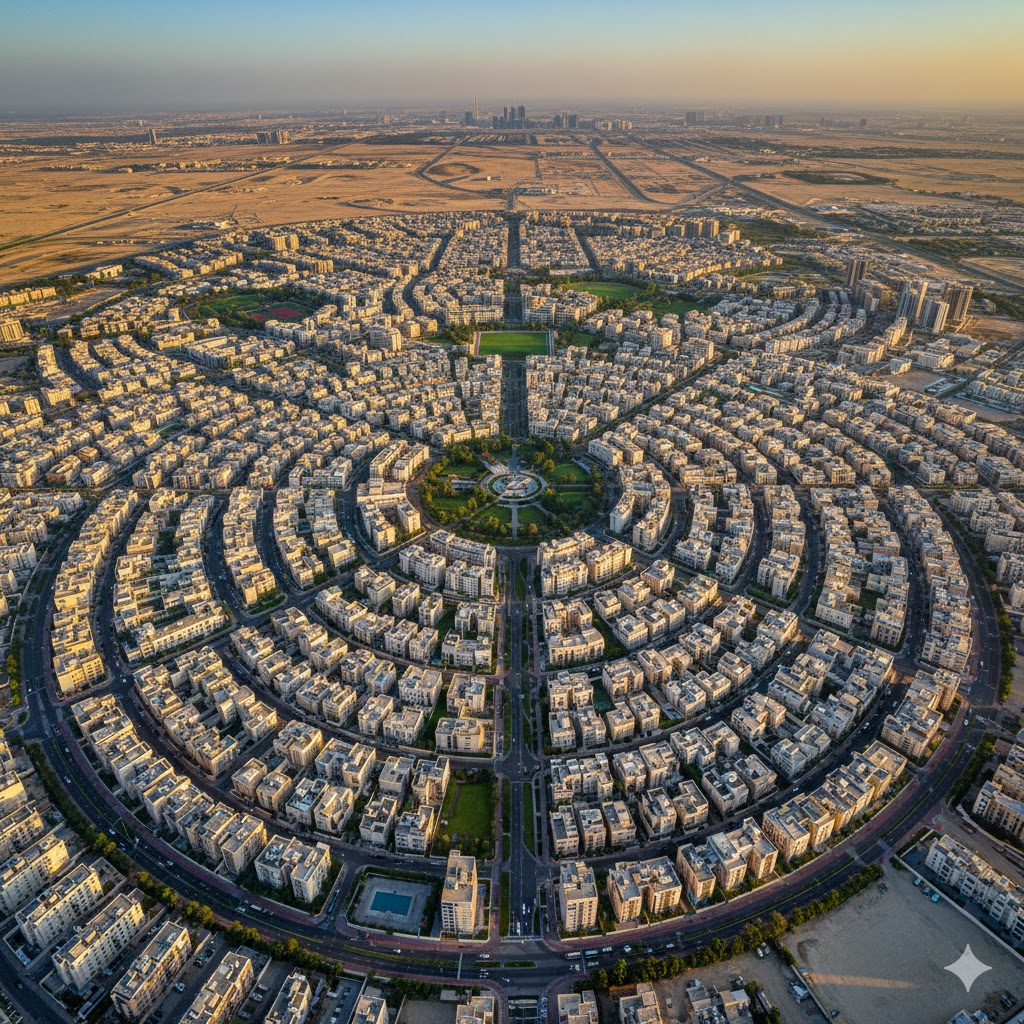 An aerial view of the unique circular layout of Jumeirah Village Circle (JVC) in Dubai.