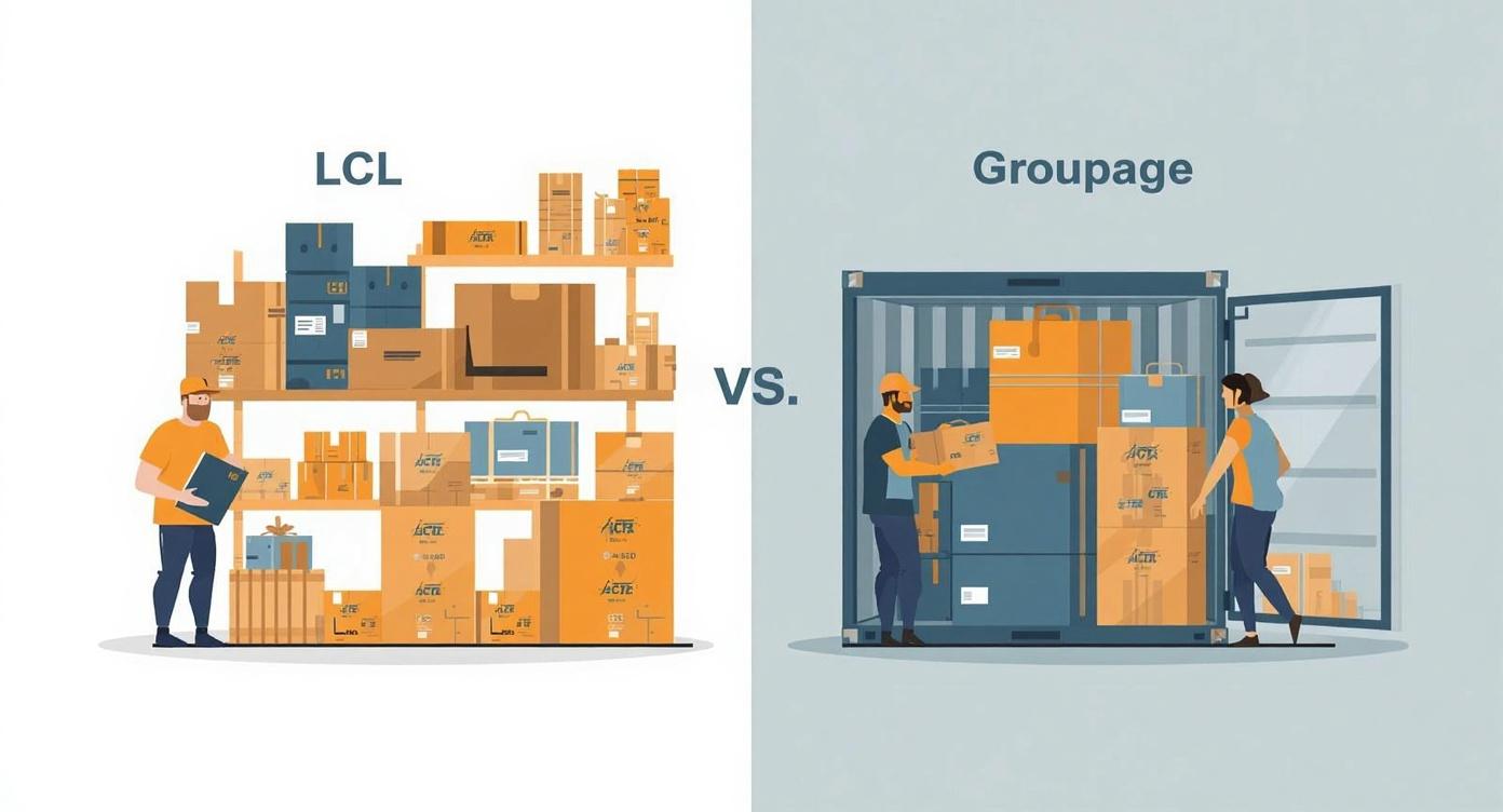 A detailed diagram comparing a shared container for household goods (Groupage) with a mixed commercial cargo container (LCL).