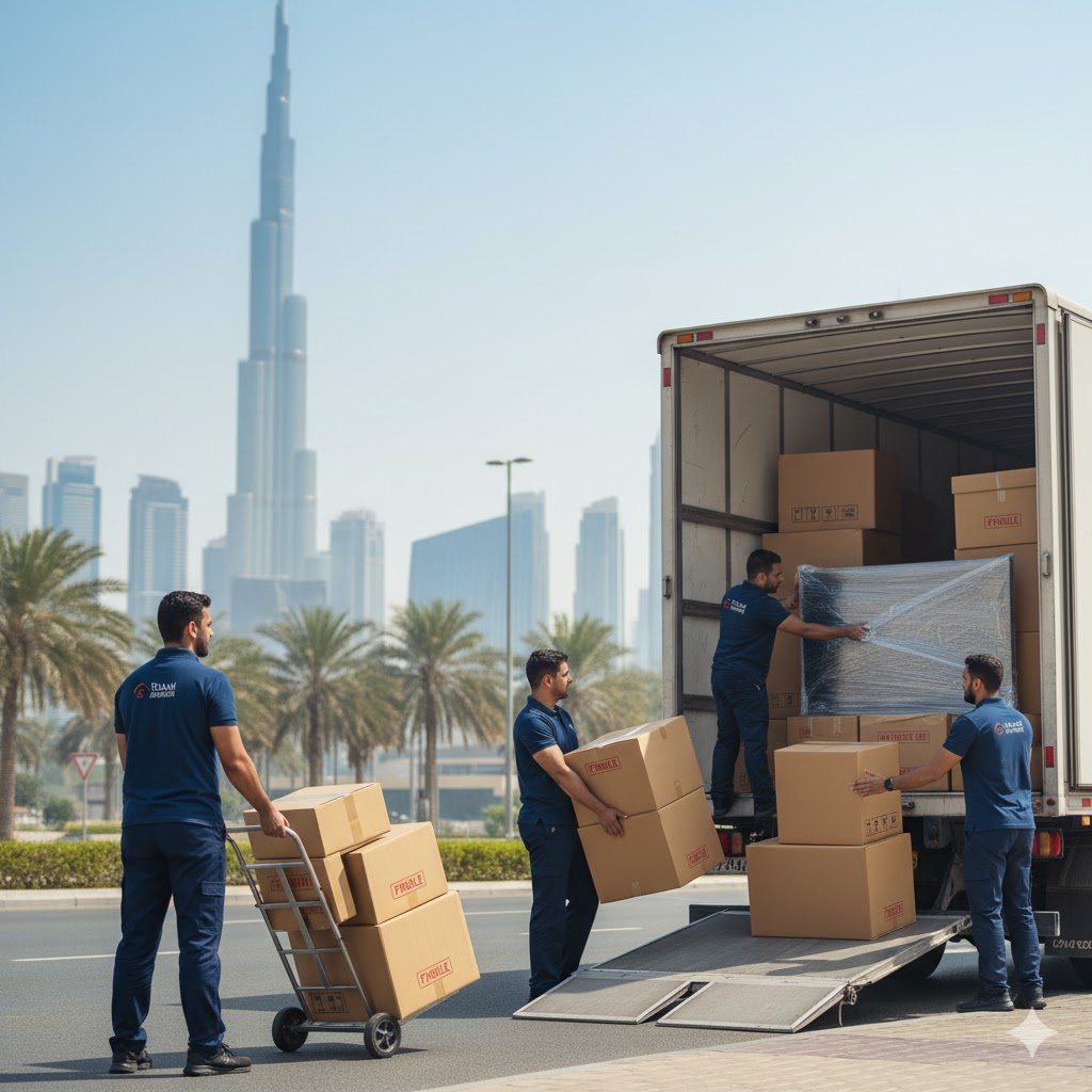 A professional moving crew efficiently loading a truck with the Dubai skyline in the background, representing the best moving companies in Dubai.