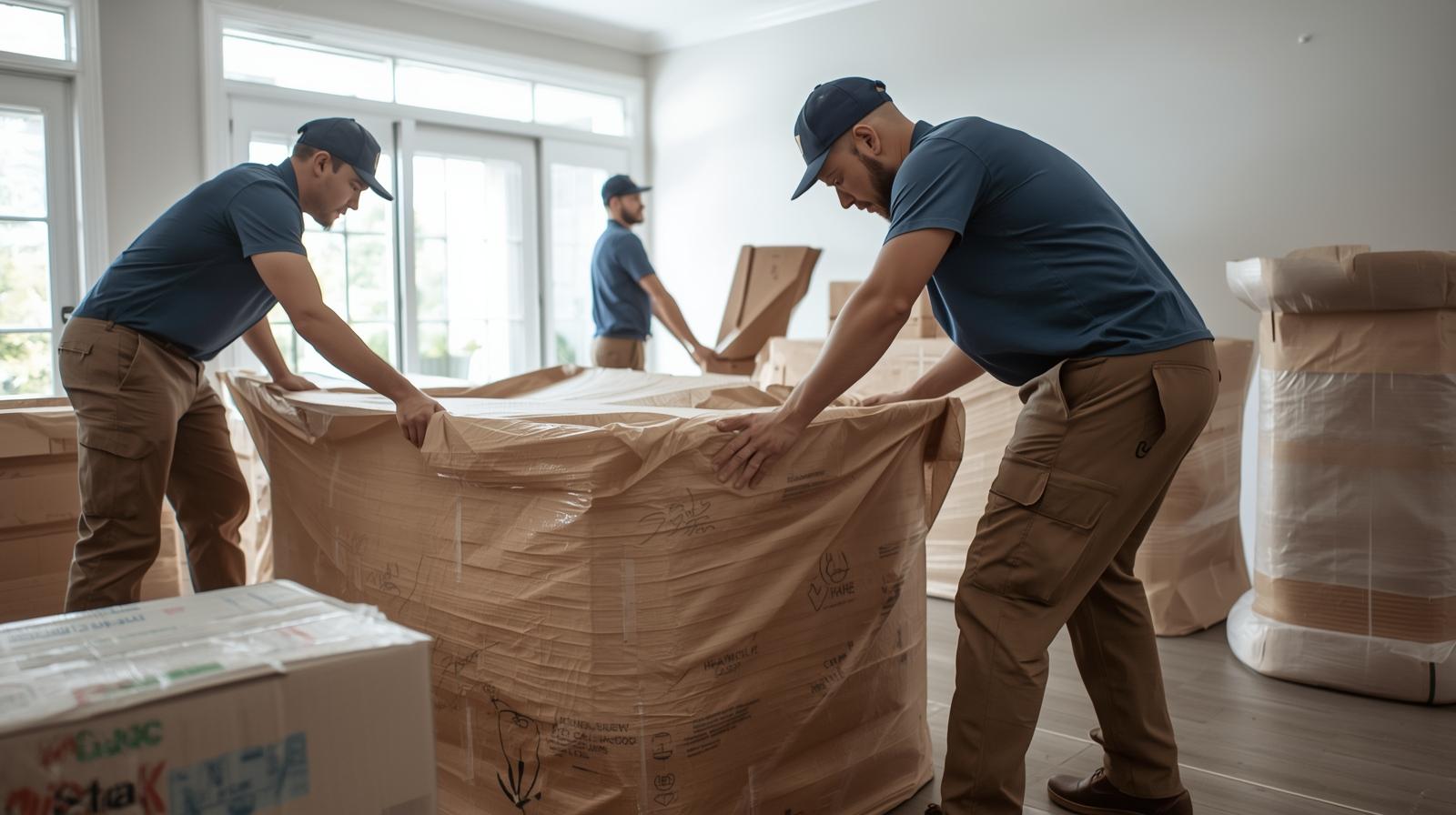 A team of professional movers carefully wrapping furniture in a brightly lit room.