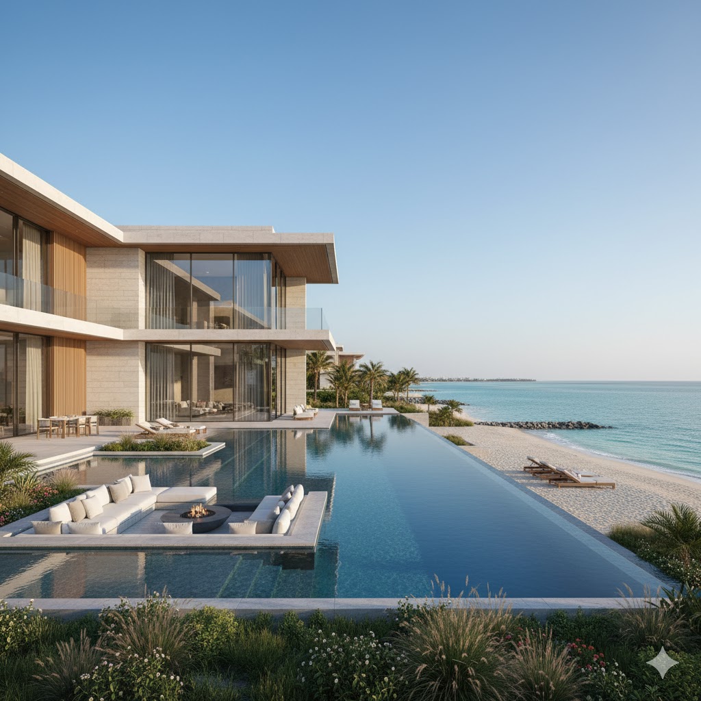 A stunning, modern luxury villa with a pool, representative of Saadiyat Island living.