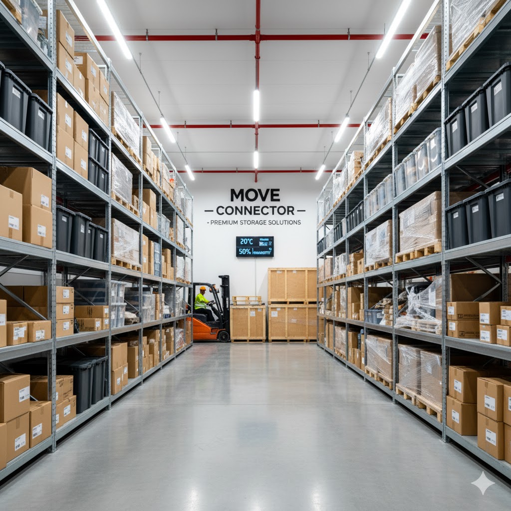 A clean, well-organized warehouse with stacks of boxes, representing professional storage solutions.