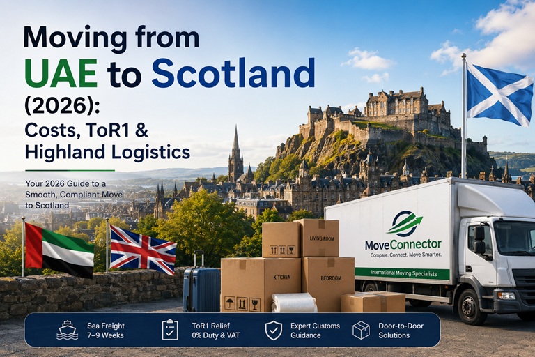 International household move from the UAE to Scotland featuring Edinburgh Castle, moving truck and packed household goods for overseas relocation from Dubai to Scotland