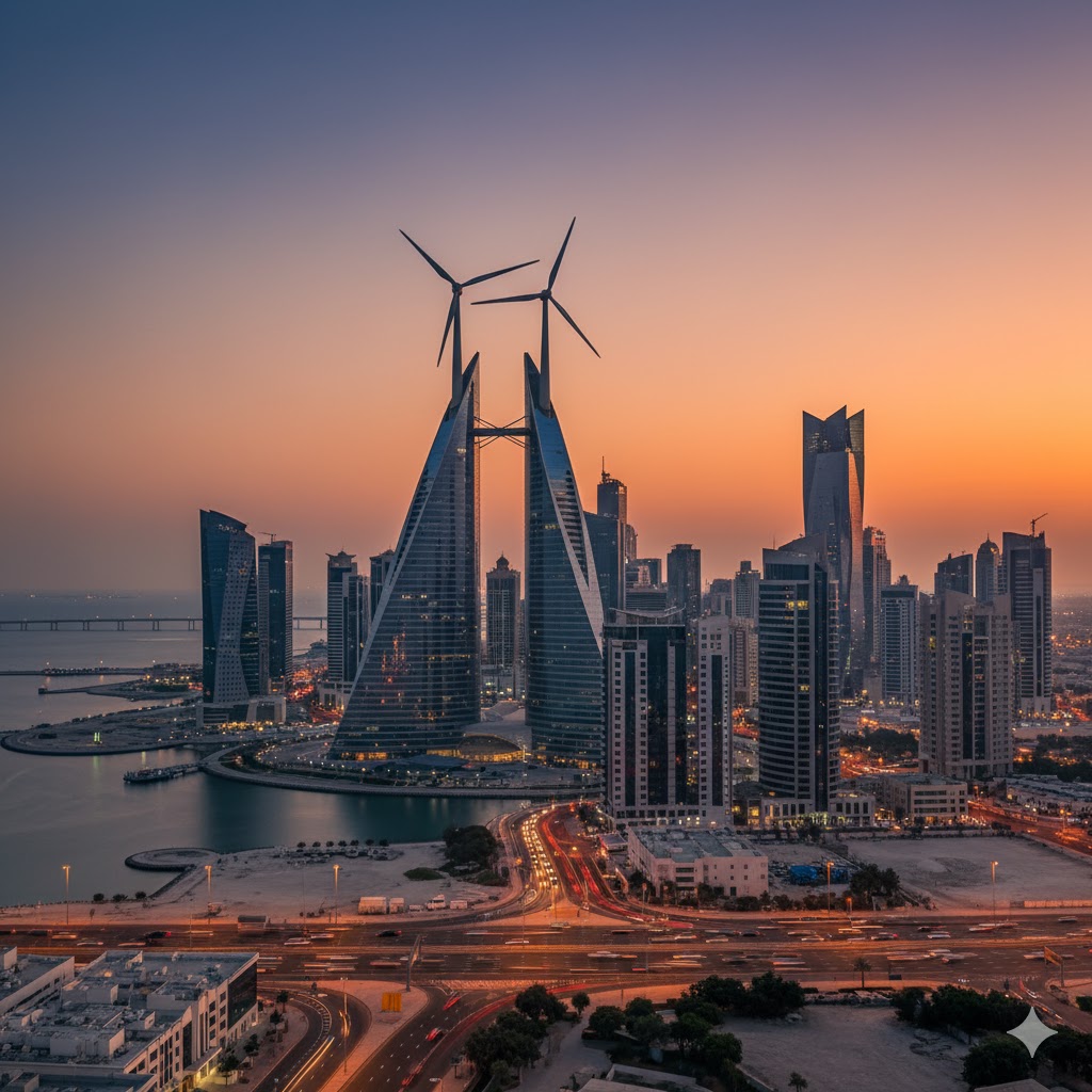 The modern skyline of Manama, Bahrain, with the World Trade Center.