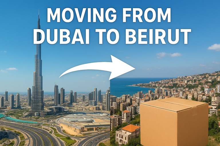 Moving from Dubai to Beirut illustration showing Dubai skyline, Beirut coast, and moving box to represent international relocation services.
