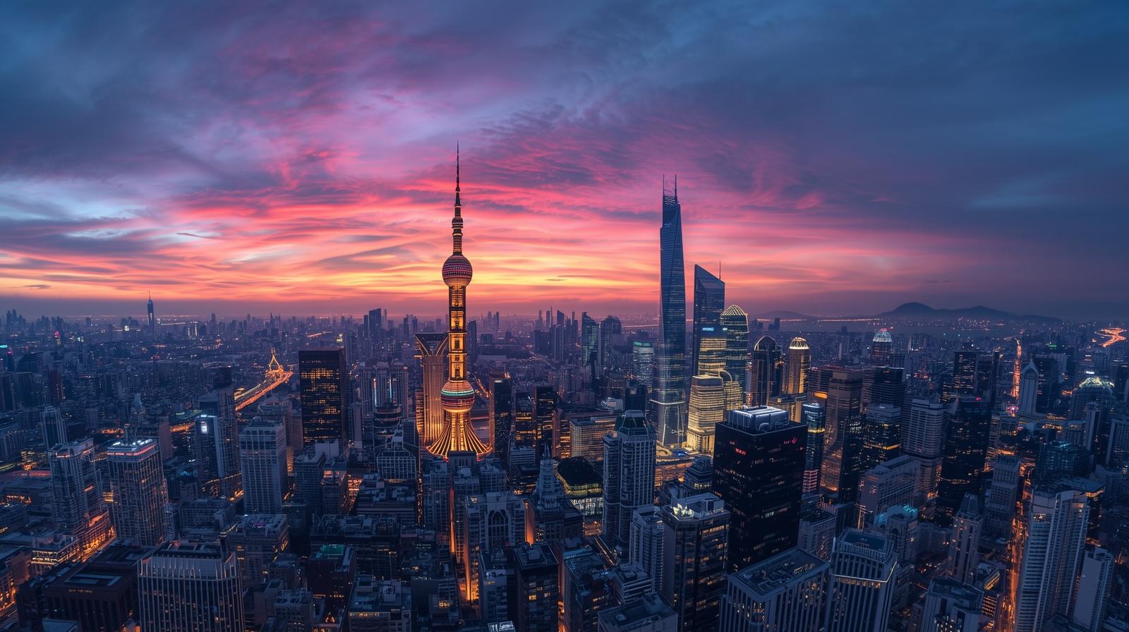 The modern skyline of Shanghai, China, showcasing its iconic towers.