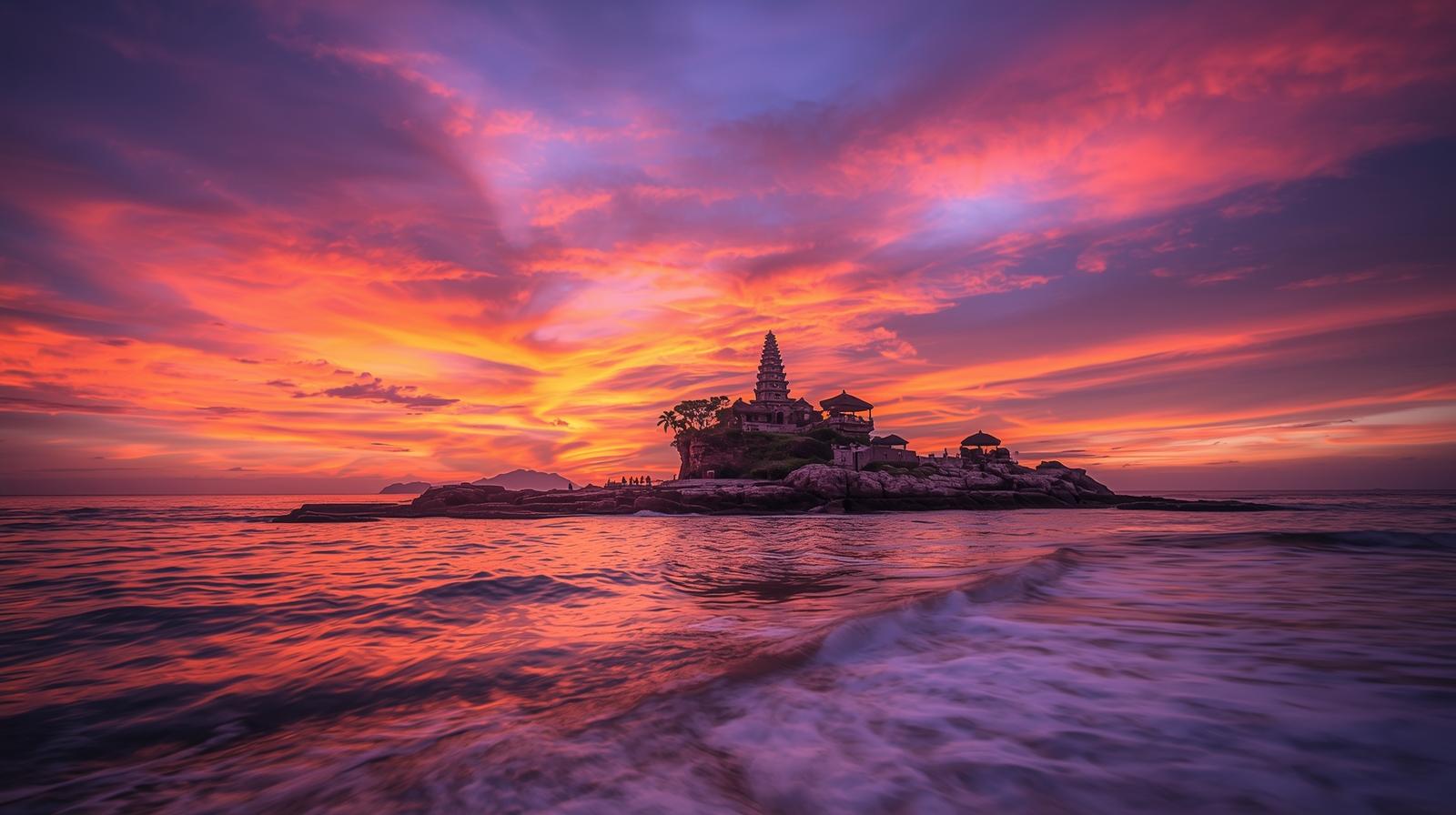 The Tanah Lot temple in Bali, Indonesia, at sunset, showcasing the country's iconic beauty.