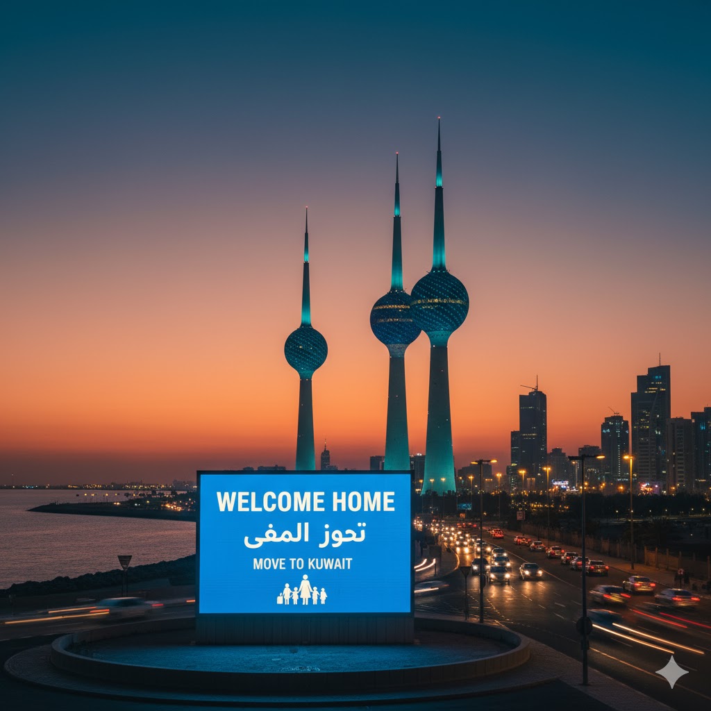 The iconic Kuwait Towers in Kuwait City, symbolizing a move to Kuwait.