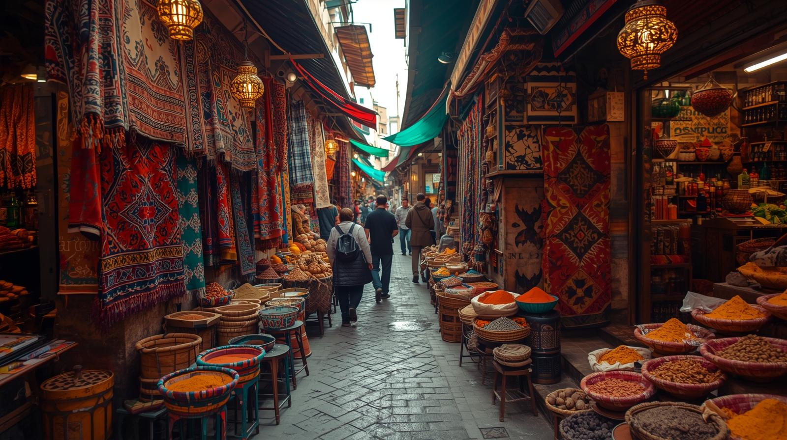A vibrant, colorful street scene in a traditional Moroccan souk.