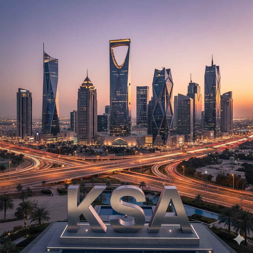 The modern skyline of Riyadh, Saudi Arabia, including the Kingdom Centre tower, symbolizing a move to KSA.