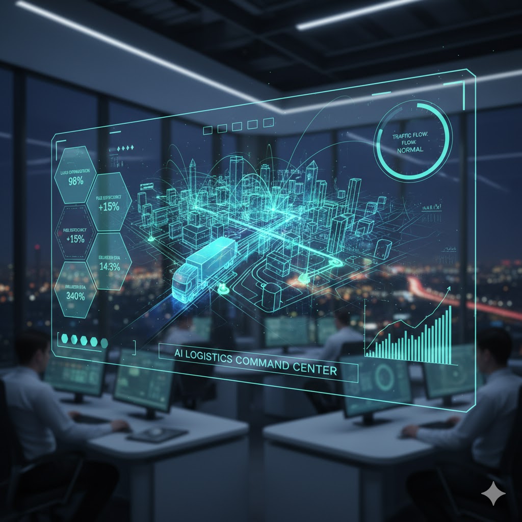 A futuristic user interface showing data points of a moving truck route overlaid on a city map, symbolizing AI logistics.