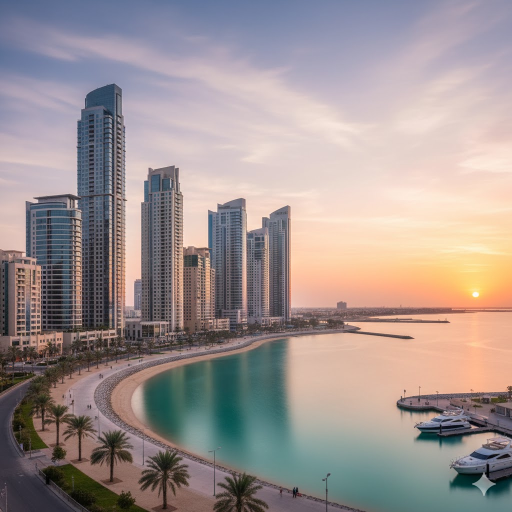 A scenic view of the Ajman city skyline and waterfront.