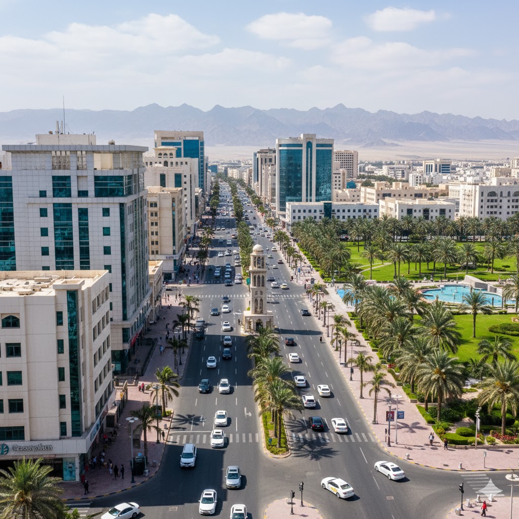 A lush green oasis with date palms in Al Ain, with the Jebel Hafeet mountain in the background.