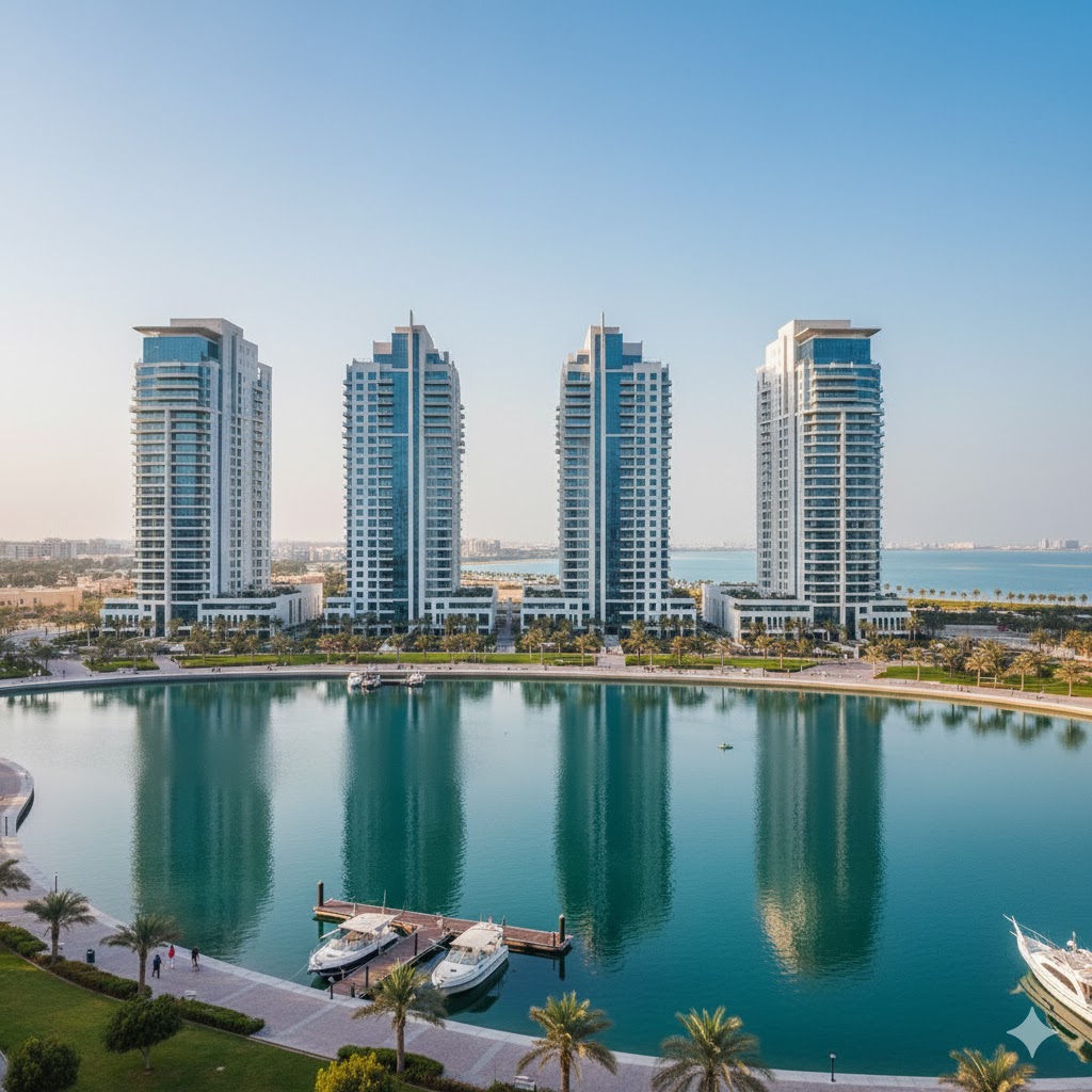 A view of the modern apartment towers in Al Hamra Village, such as the Royal Breeze Residences.