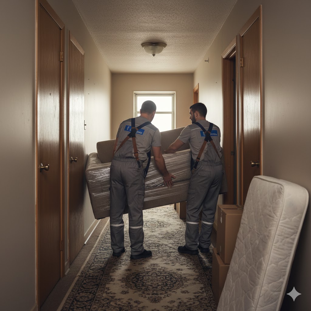 Professional movers carefully navigating a narrow apartment hallway with furniture.