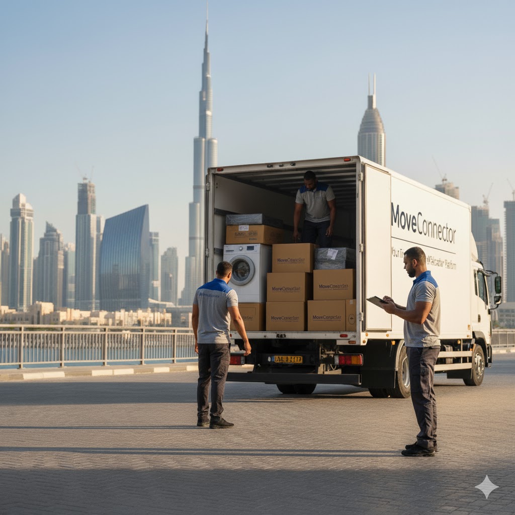 A professional moving crew efficiently loading a truck with the Dubai skyline in the background, representing the best moving companies in Dubai.