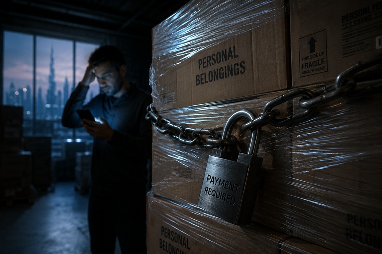 A heavy padlock securing a stack of moving boxes in a warehouse, representing household goods being held hostage by a fake cargo company in the UAE.