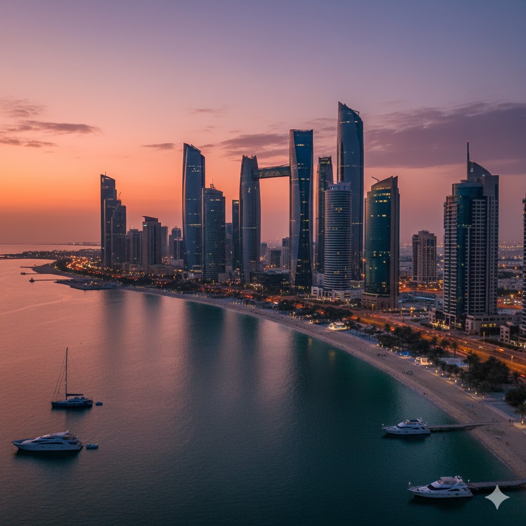 The impressive skyline of the Abu Dhabi Corniche, featuring its modern commercial and residential towers.