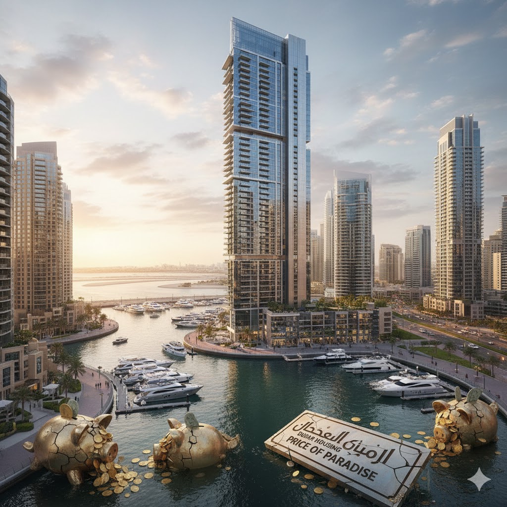 A modern apartment building in Dubai Marina next to the waterway, symbolizing the cost of housing in the UAE.