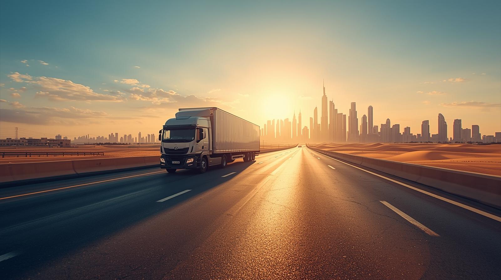 A moving truck on a highway with the skylines of both Dubai and Abu Dhabi visible in the background, symbolizing an inter-Emirate move.