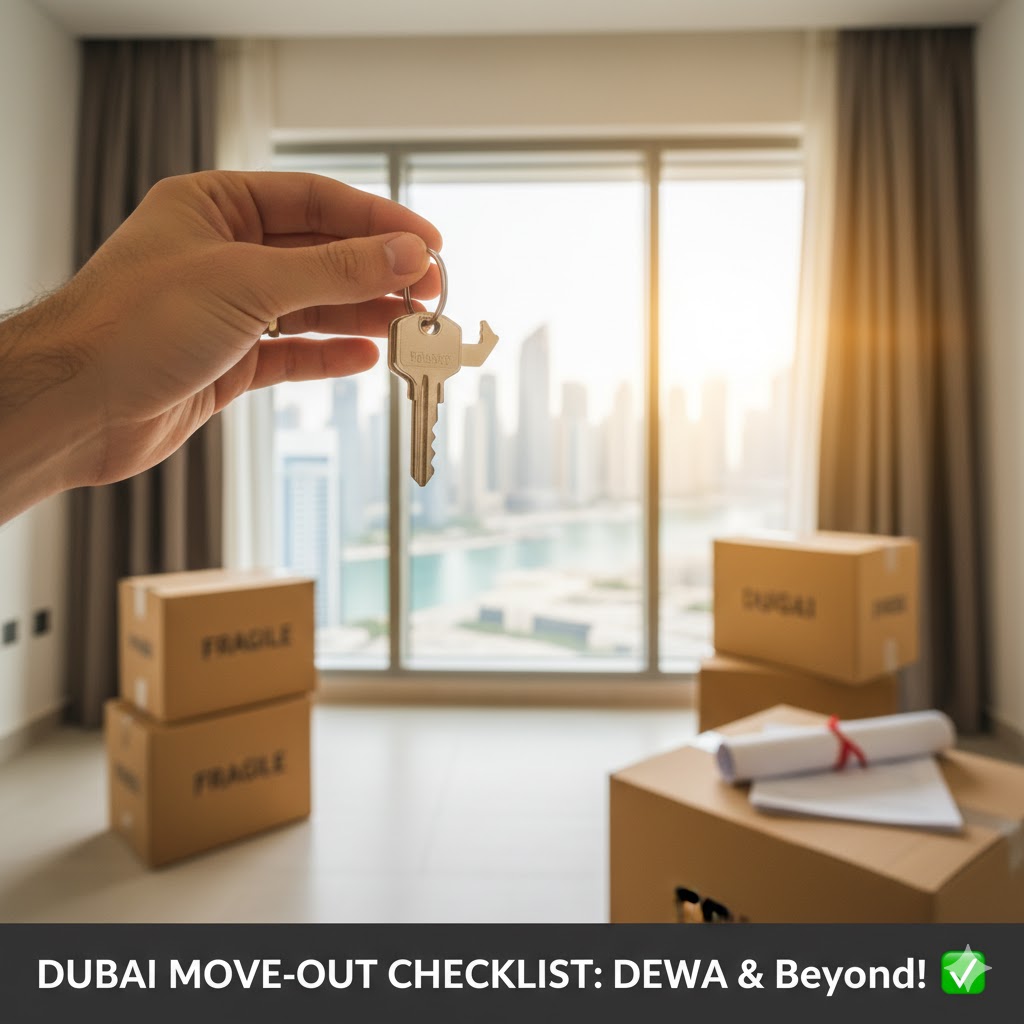 A person holding keys to an apartment with packed moving boxes, representing a successful move-out in Dubai.