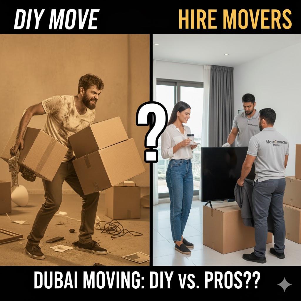 A split image showing a stressed person struggling with boxes versus a calm person watching professional movers work.