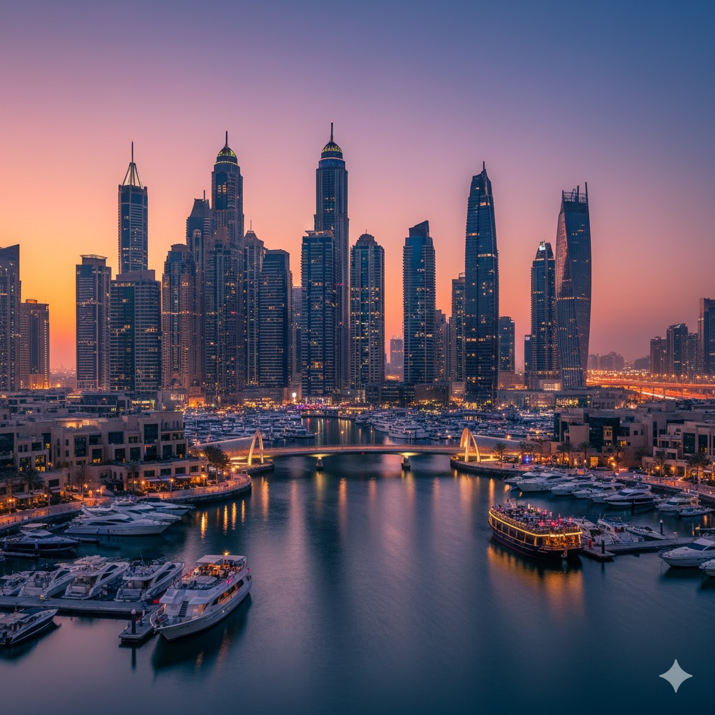 A stunning view of the Dubai Marina skyline at twilight with boats in the marina.