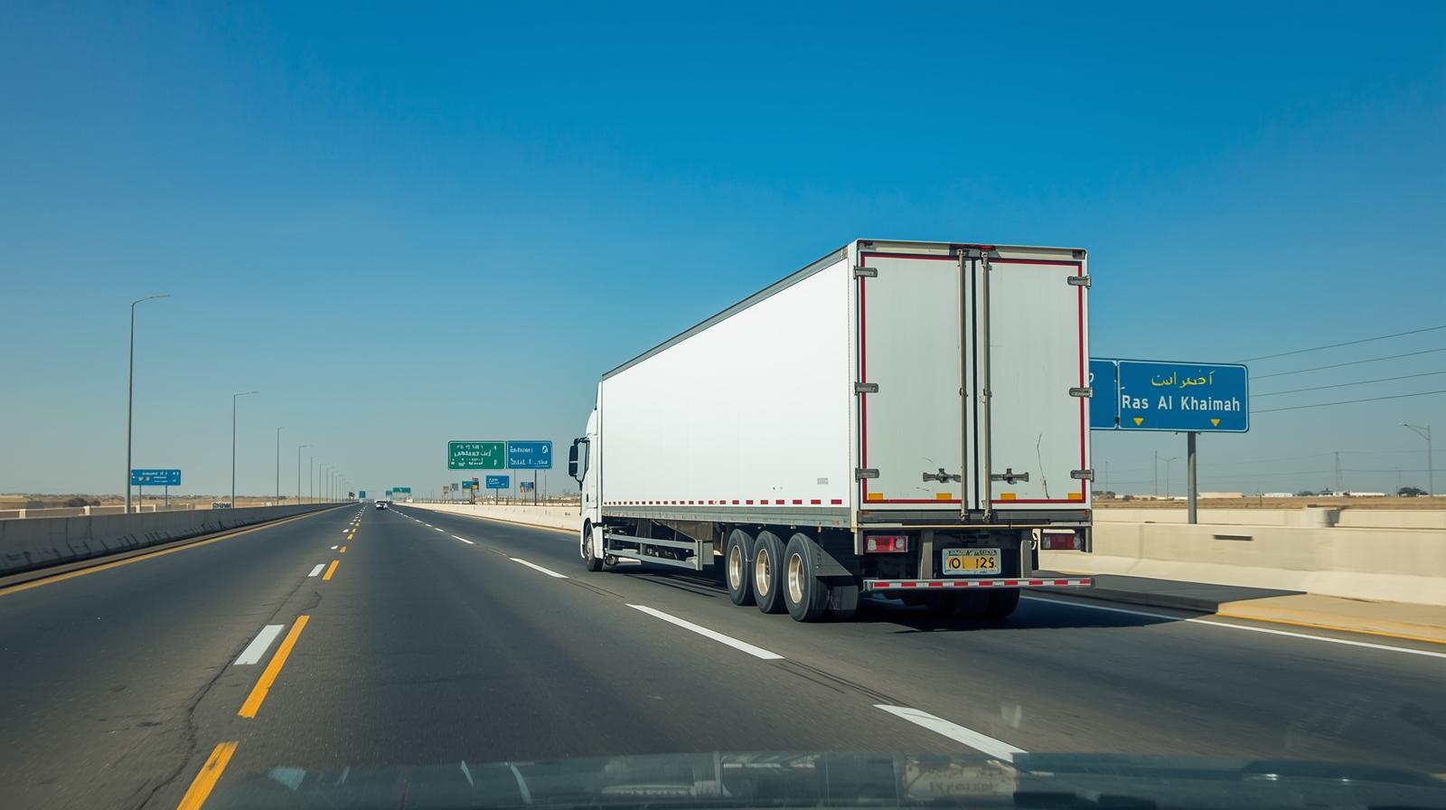 A moving truck on a highway with signs for Ras Al Khaimah, symbolizing an inter-Emirate relocation.