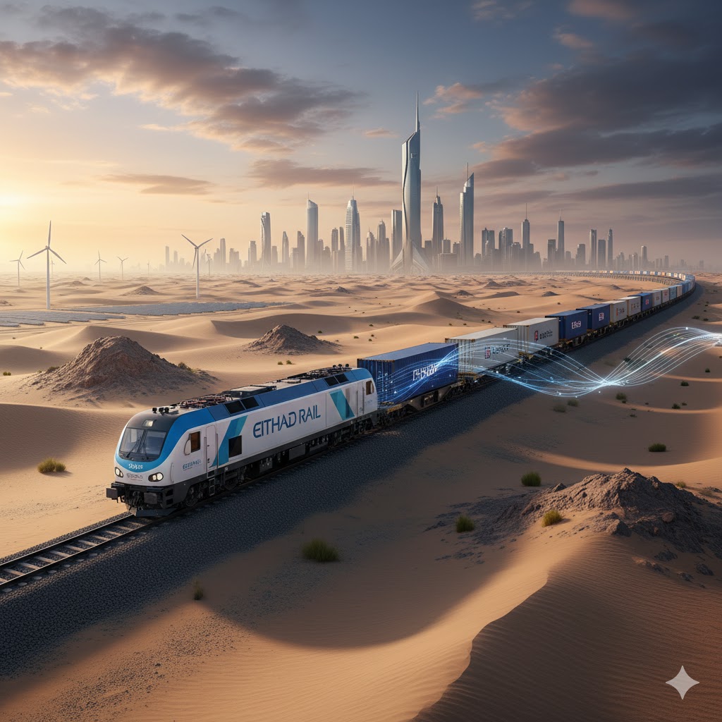 A modern Etihad Rail freight train passing through the UAE landscape, symbolizing the future of the moving industry.
