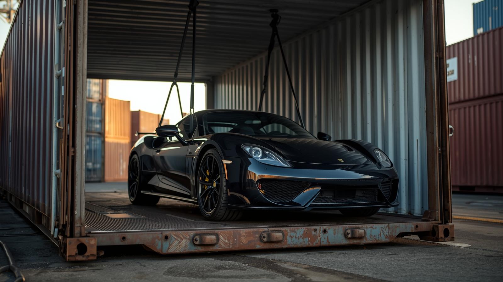 A luxury car being loaded into a shipping container, ready for international export.