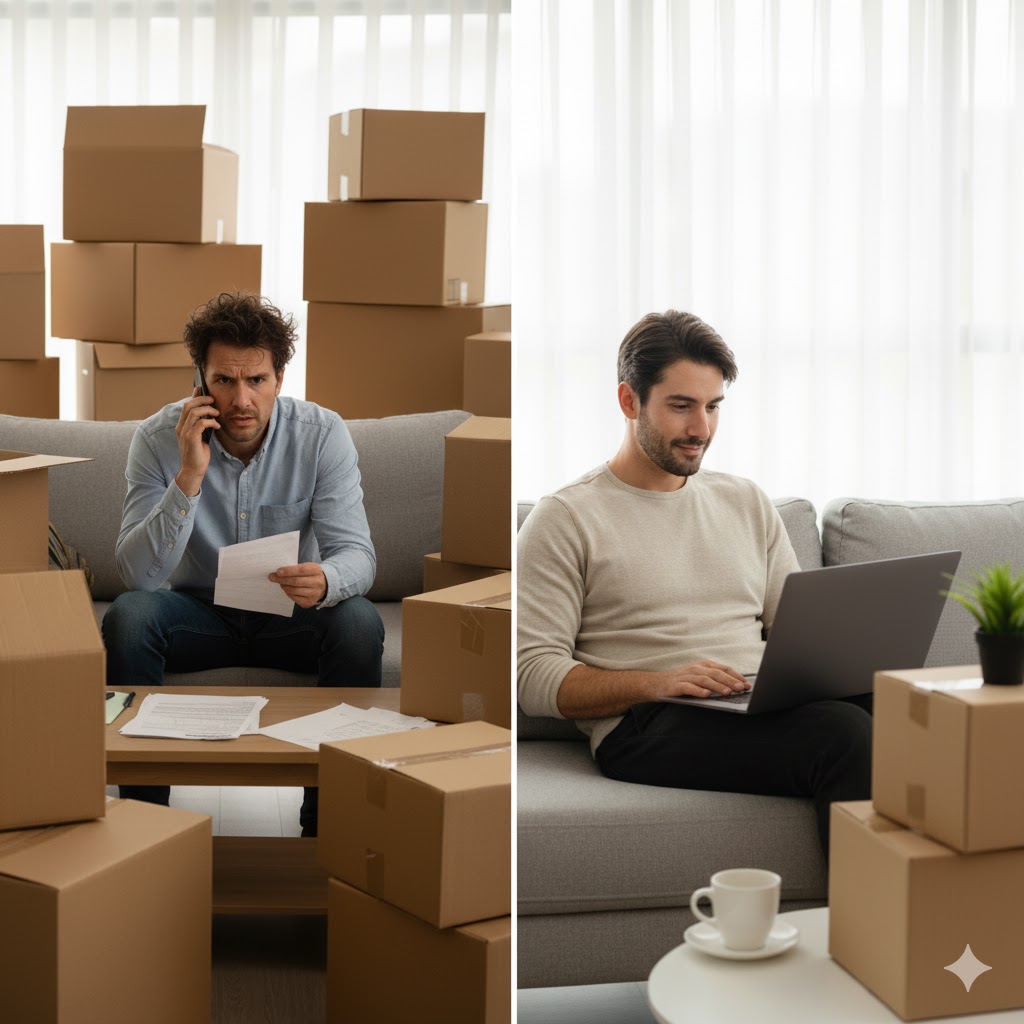 A stressed person on the phone surrounded by moving boxes, contrasted with a calm person easily selecting a mover on a laptop.