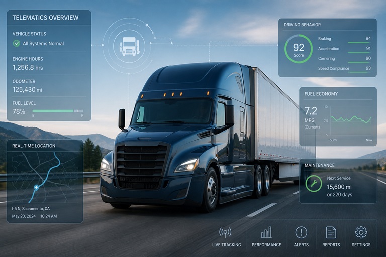 A modern truck with digital data overlay representing telematics