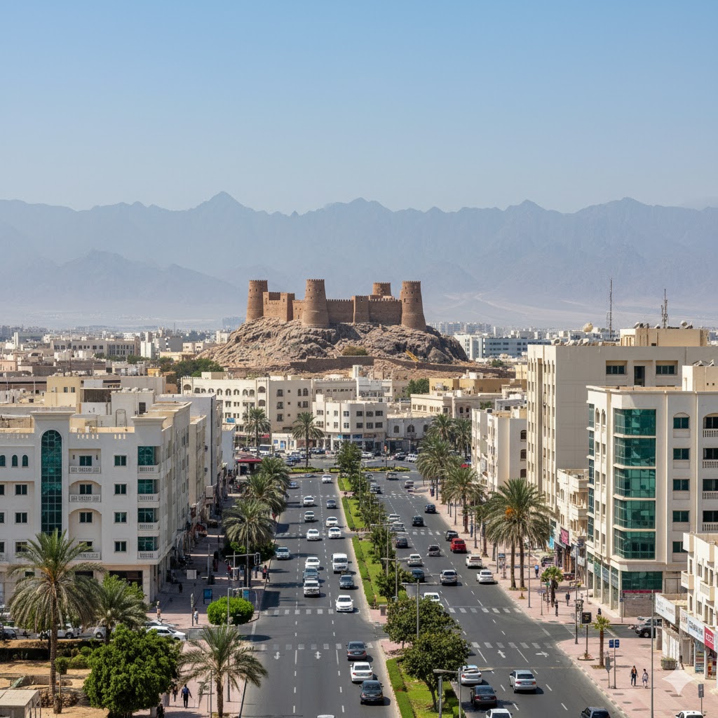 The scenic coastline of Fujairah with mountains in the background.