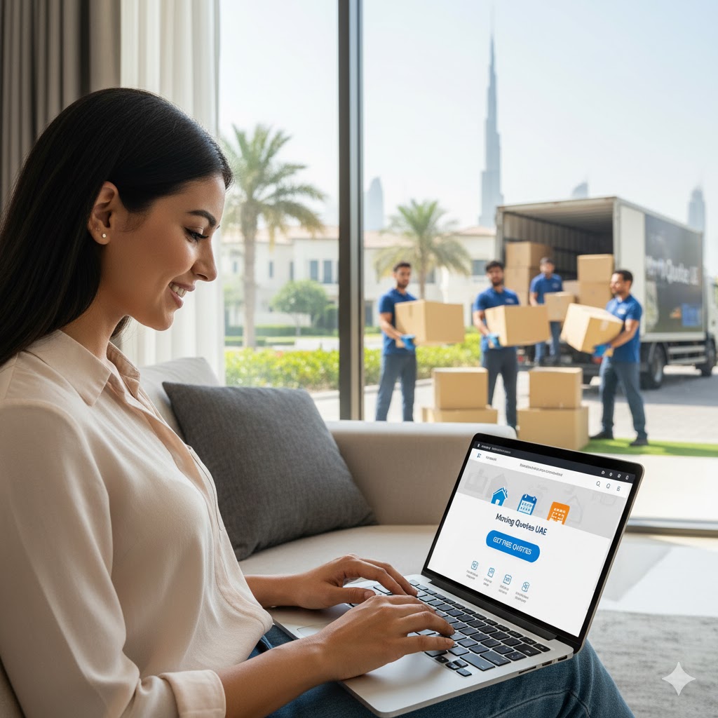 A person easily getting a moving quote on a laptop, with a backdrop of Dubai movers packing boxes.