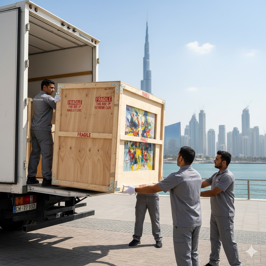 A professionally crated piece of fine art being carefully handled by white-gloved movers, symbolizing expertise in high-value asset relocation.