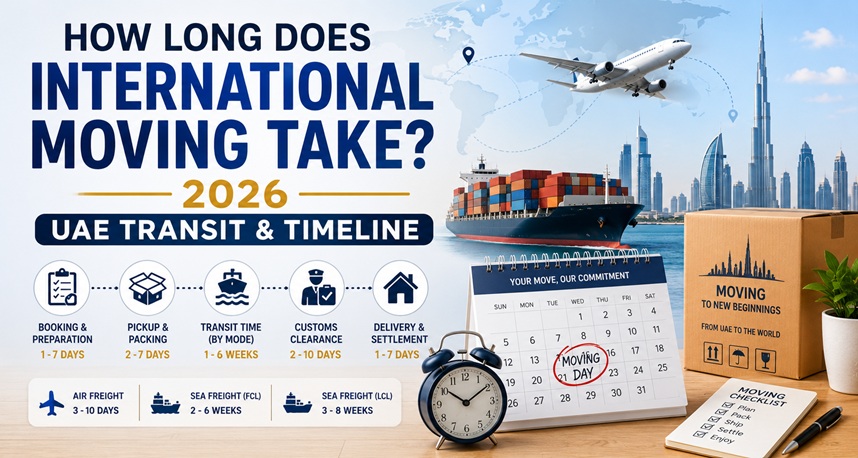 International cargo ship at Jebel Ali port symbolizing relocation timelines from UAE