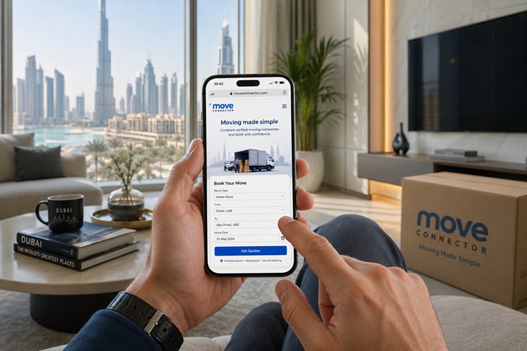 A person using a smartphone to book moving services online in a modern Dubai apartment.
