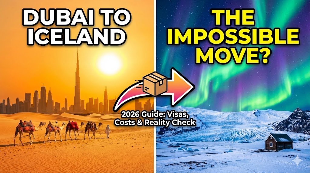 A shipping container under the Northern Lights in Iceland, symbolizing the move from UAE.