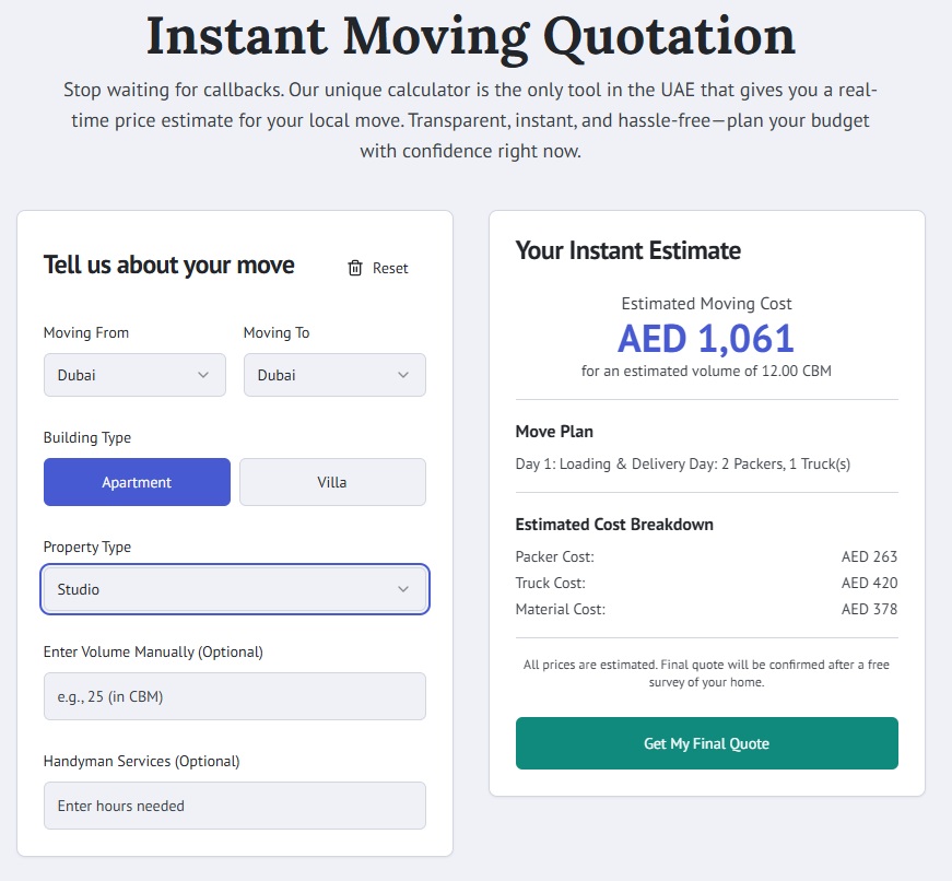A person using a tablet with a moving cost calculator app, with moving boxes in the background.