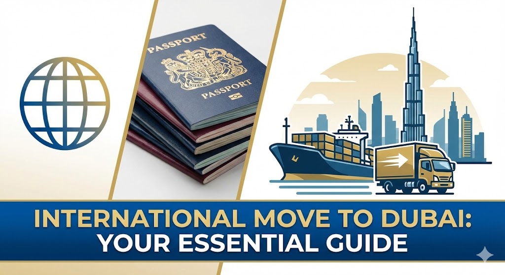 A shipping container being unloaded by professional movers with the Dubai skyline in the background.