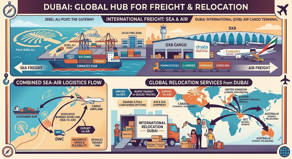 Cargo ships and airplanes illustrating international freight and relocation from Dubai.