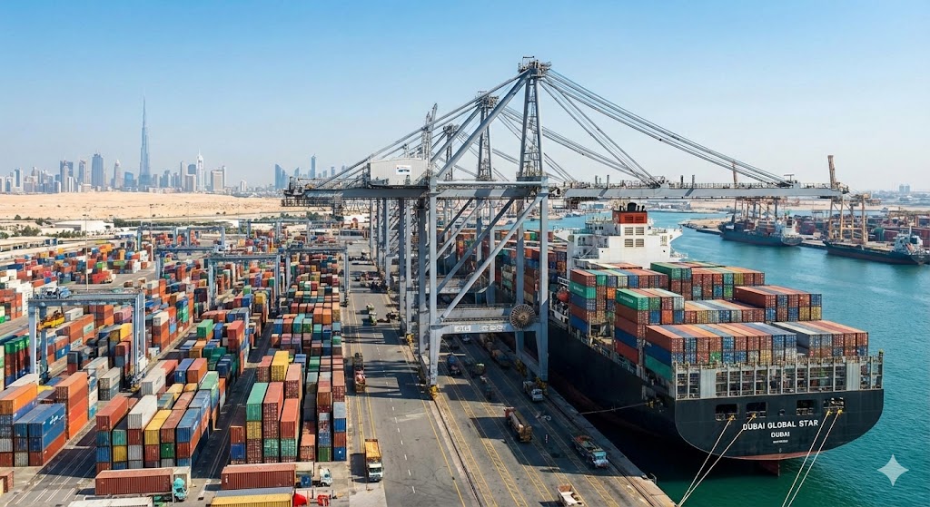 A large cargo ship at Jebel Ali Port representing international shipping companies in Dubai.