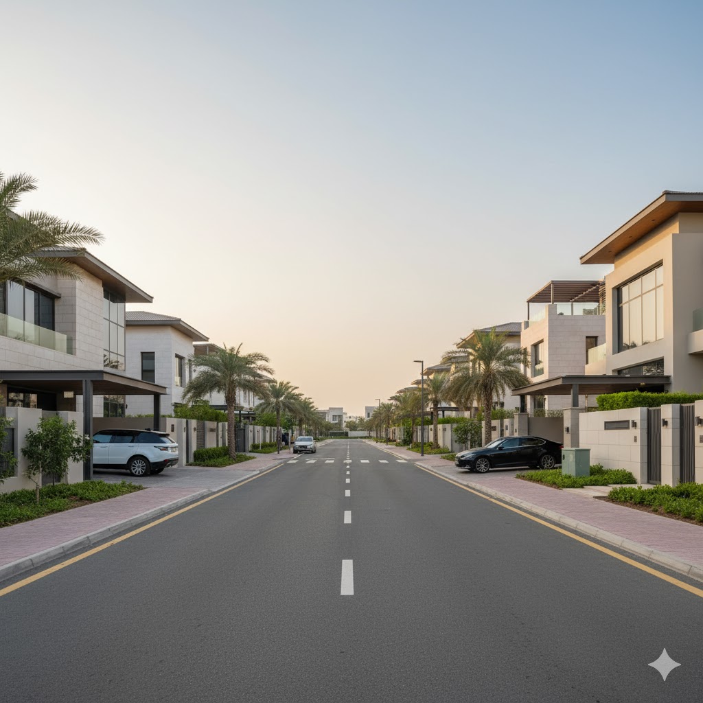 A quiet, suburban street with modern villas, representative of the Khalifa City community.