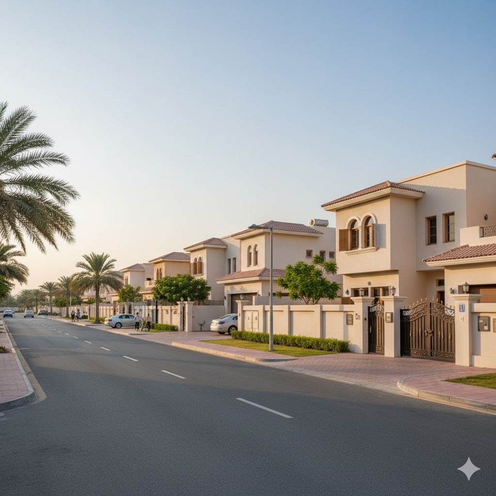 A street view of typical residential villas in a quiet Abu Dhabi suburb like Mohammed Bin Zayed City.